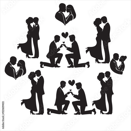 Set of silhouette Romantic couple, lovers hug, kiss and proposing vector