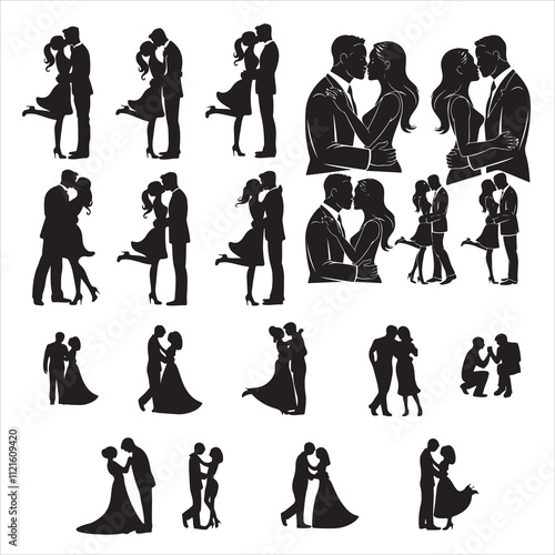 Set of silhouette Romantic couple, lovers hug, kiss and proposing vector