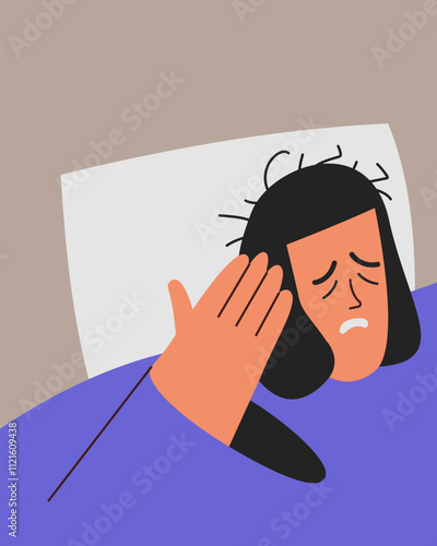 Girl suffers from insomnia. Woman lying on pillow, suffering from headache and having difficulty falling asleep. Sleep disorder, stress and lack of melatonin. Flat vector illustration