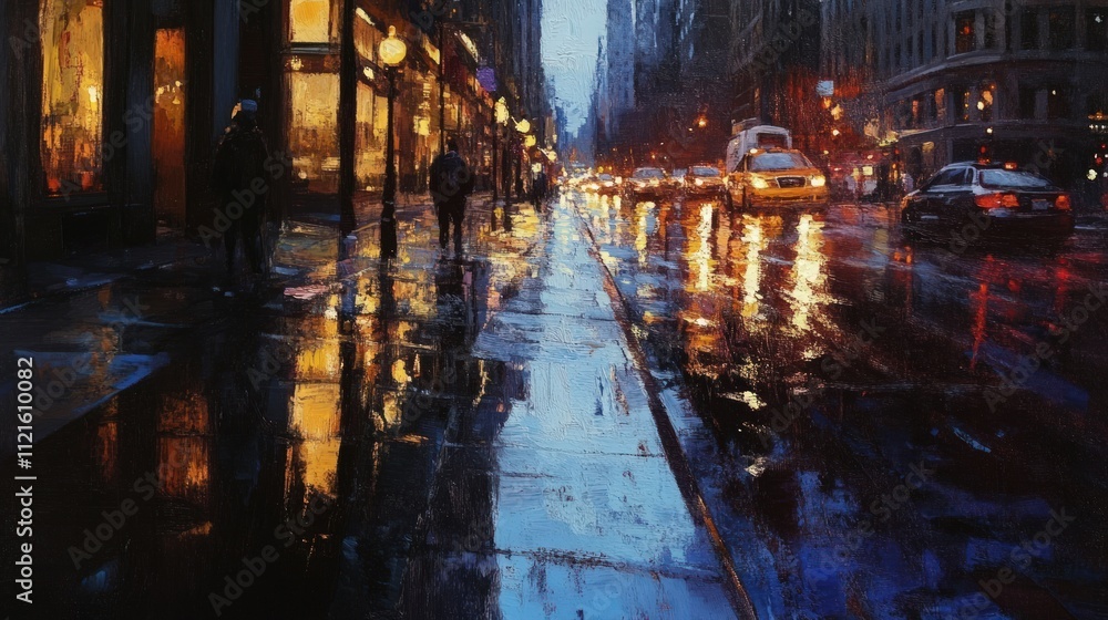 Rainy city street at night, blurred reflections. Rainy city street at night, blurred reflections.