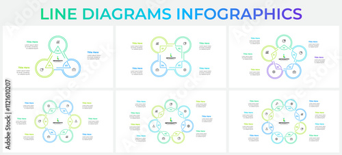 Set of infographic outline cycle diagrams with 3, 4, 5, 6, 7 and 8 options, steps or processes
