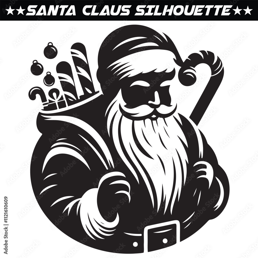 Obraz premium Santa Claus silhouette full of gifts and christmas tree. Merry christmas and Happy new year decoration. Vector on eps 10