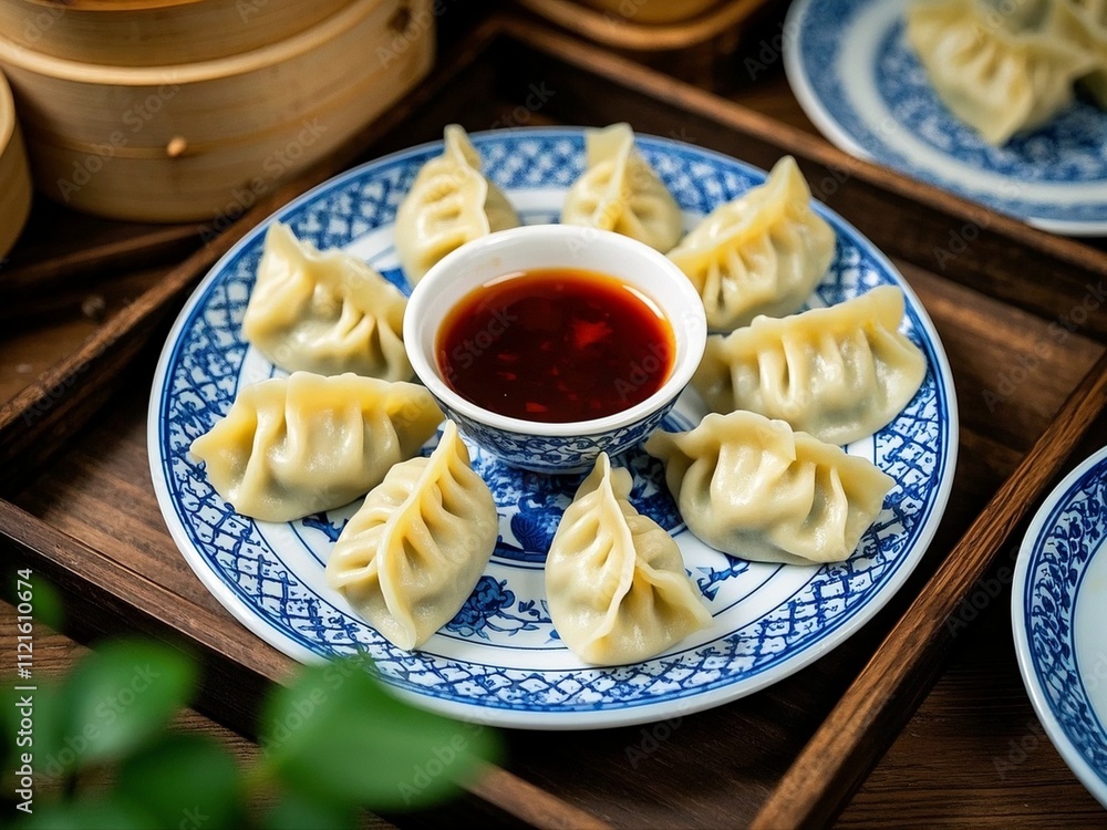Steamed Chinese dumplings(jiaozi), artfully arranged on blue and white patterned porcelain plates complemented by a bamboo steamer and dipping sauce