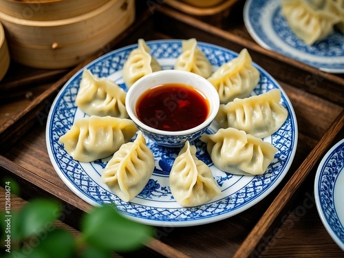 Obraz na płótnie Steamed Chinese dumplings(jiaozi), artfully arranged on blue and white patterned porcelain plates complemented by a bamboo steamer and dipping sauce w salonie