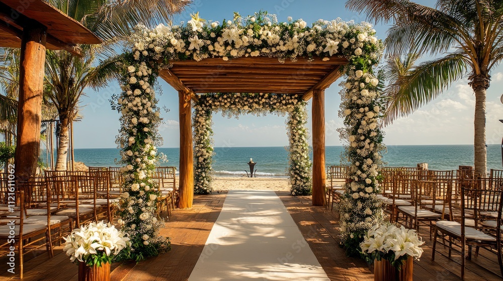 Fototapeta premium Romantic beach wedding ceremony with floral arch and ocean view