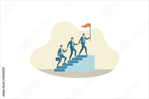 Teamwork success - Team of business people walking up staircase, holding hands with raised flag. Working together creates progress and winners concept. Vector illustration.