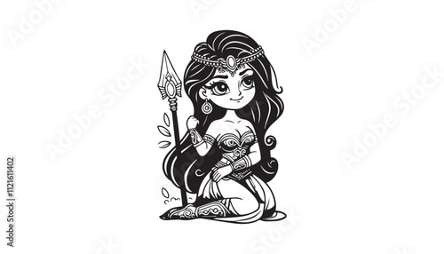 black and cartoon illustration of mythical beauty xana