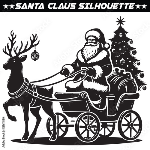 Santa Claus silhouette full of gifts and christmas tree. Merry christmas and Happy new year decoration. Vector on eps 10