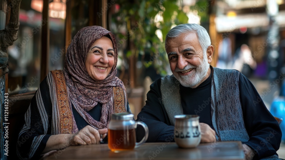 Elderly Middle Eastern couple relaxing at cafe, joyful connection and warmth. Man and woman gray haired, active retirees Elderly Middle Eastern couple relaxing at cafe, joyful connection and warmth. Man and woman gray haired, active retirees