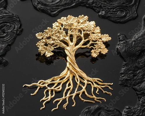 Closeup a gold tree life brooch with detailed roots, placed on a black background