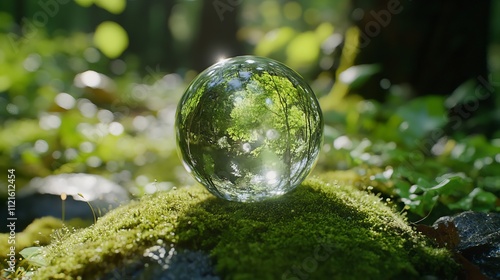 A crystal glass globe resting on green moss in a forest, symbolizing the protection of nature and the Earth.