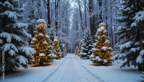 A snow-covered path winds through a forest, with illuminated Christmas trees lining either side. The trees are adorned with yellow lights, which, along with a set of street lamps, cast a warm glow ove