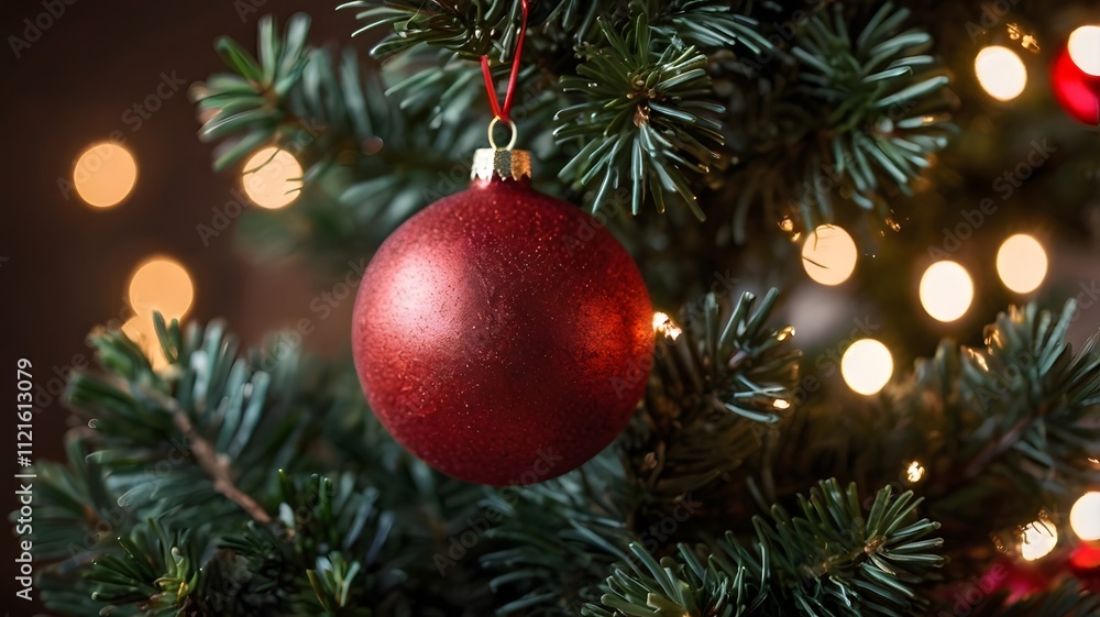 Red ornament Xmas ball mockup decorate on green Christmas tree, warm bokeh lights. festive scene evokes holiday cheer celebration in luminous decoration inviting atmosphere Red ornament Xmas ball mockup decorate on green Christmas tree, warm bokeh lights. festive scene evokes holiday cheer celebration in luminous decoration inviting atmosphere