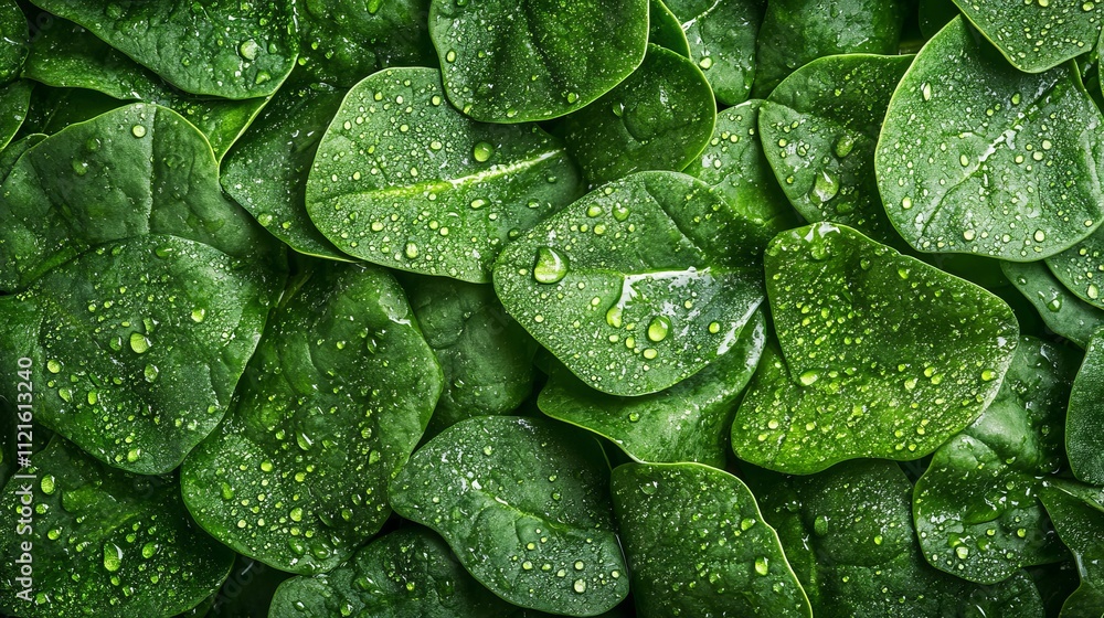 Fototapeta premium A close-up background of fresh green spinach leaves adorned with water droplets. The texture of raw, organic baby spinach creates a vibrant, natural food backdrop.
