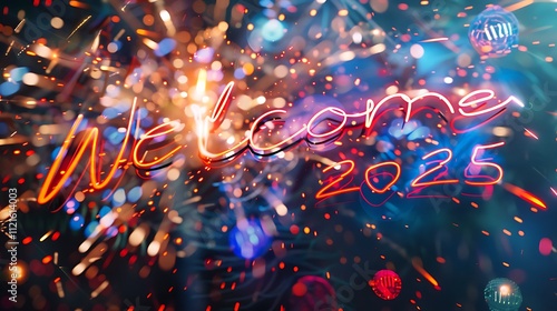 A sparkling firecracker bursting in the night sky, with "Welcome 2025" text in vivid hues.