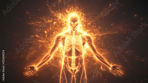 A glowing human figure with visible skeletal and nervous systems, radiating energy from the head and hands.concept: human energy field, spiritual awakening, inner power. Nimbus. Illustration photo