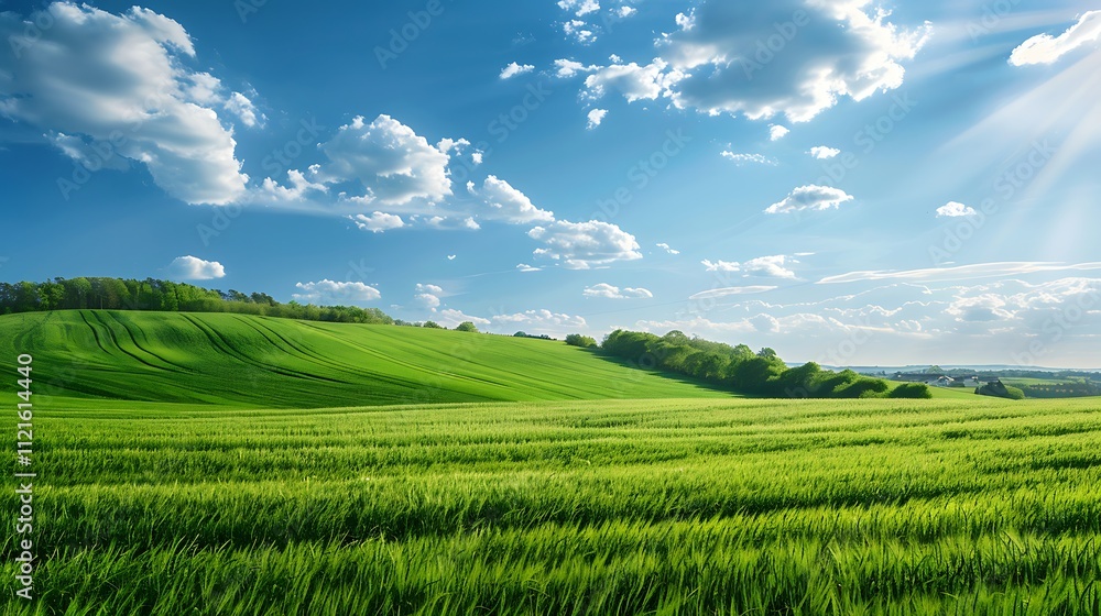 Idyllic Countryside with Rolling Hills and a Bright Sky, Capturing the Tranquil Beauty of Nature and the Peaceful Landscape of Green Meadows Idyllic Countryside with Rolling Hills and a Bright Sky, Capturing the Tranquil Beauty of Nature and the Peaceful Landscape of Green Meadows