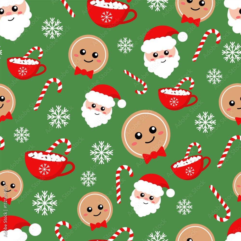 Vector Christmas pattern with a Christmas gingerbread man, candy cane, Santa Claus and cocoa Vector Christmas pattern with a Christmas gingerbread man, candy cane, Santa Claus and cocoa