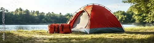 Red dome tent pitched lakeside