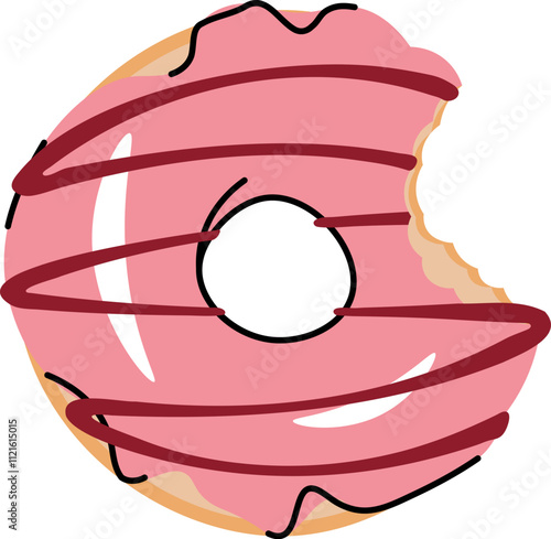 Sweet Sweet bitten donut donut, doughnut ring with strawberry icing. Flat cartoon illustration isolated on white background