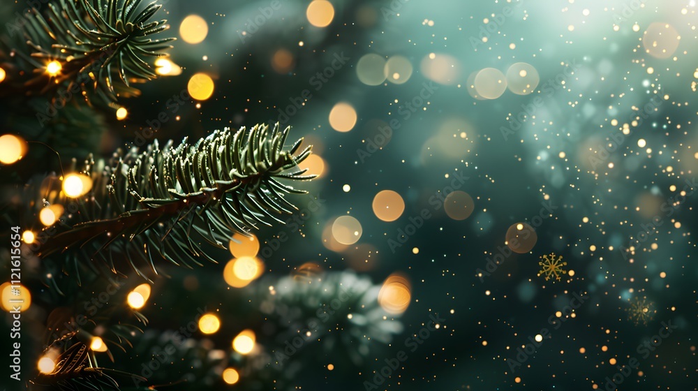 A festive scene featuring Christmas lights on pine branches with a bokeh background. A festive scene featuring Christmas lights on pine branches with a bokeh background.