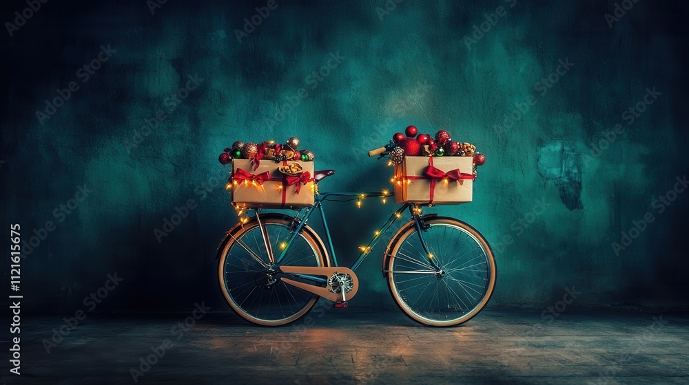 Obraz premium A charming bicycle adorned with festive baskets filled with fruits and lights, set against a textured teal background.