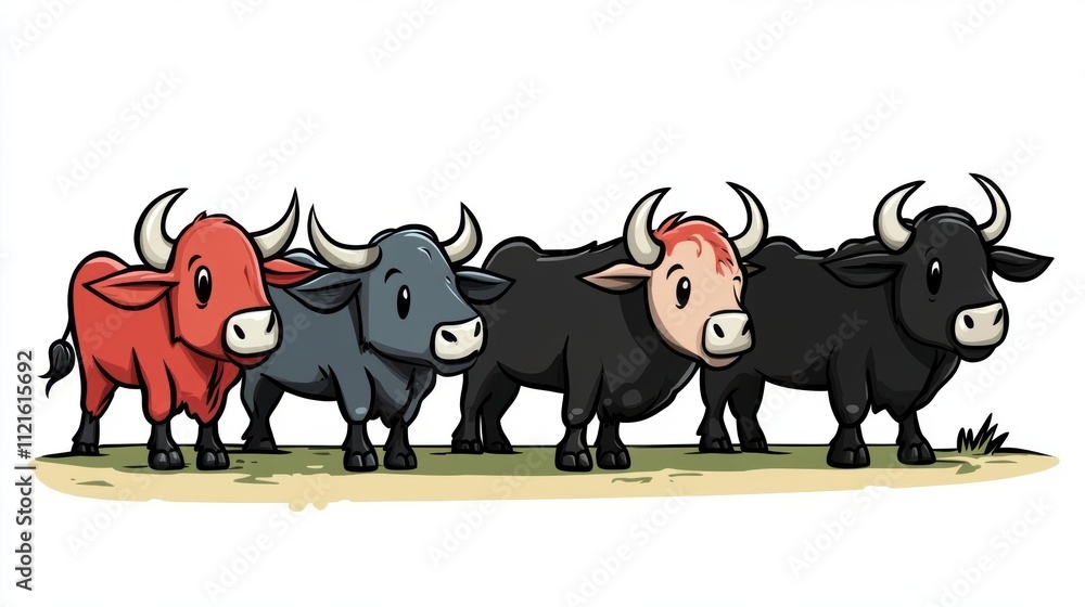 Fototapeta premium Four Cartoon Bulls Standing in a Row