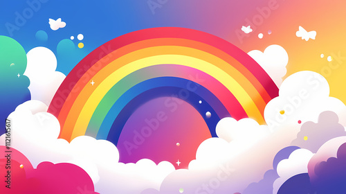 A vibrant rainbow arches across a picturesque sky filled with fluffy white clouds. Nimbus. Illustration photo