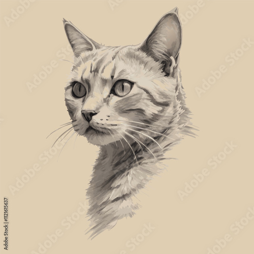 Detailed Black and white drawing of a curious cat with piercing eyes