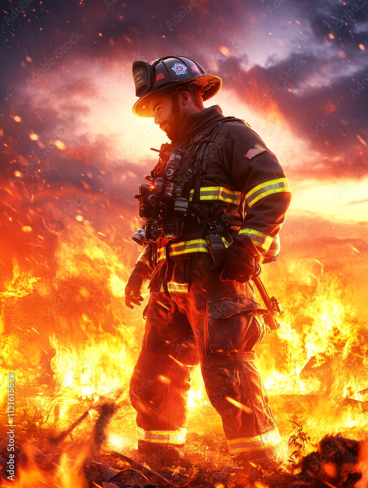 Brave Firefighter Contemplating Inferno - A firefighter stands amidst a raging inferno, symbolizing courage, sacrifice, resilience, duty, and hope. Brave Firefighter Contemplating Inferno - A firefighter stands amidst a raging inferno, symbolizing courage, sacrifice, resilience, duty, and hope.