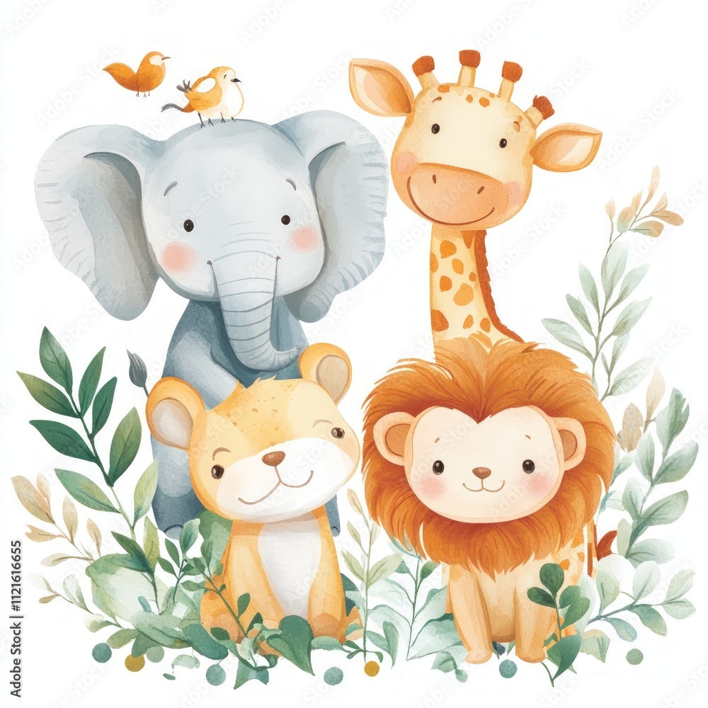 Obraz premium Adorable watercolor animals: elephant, lion, giraffe, birds.
