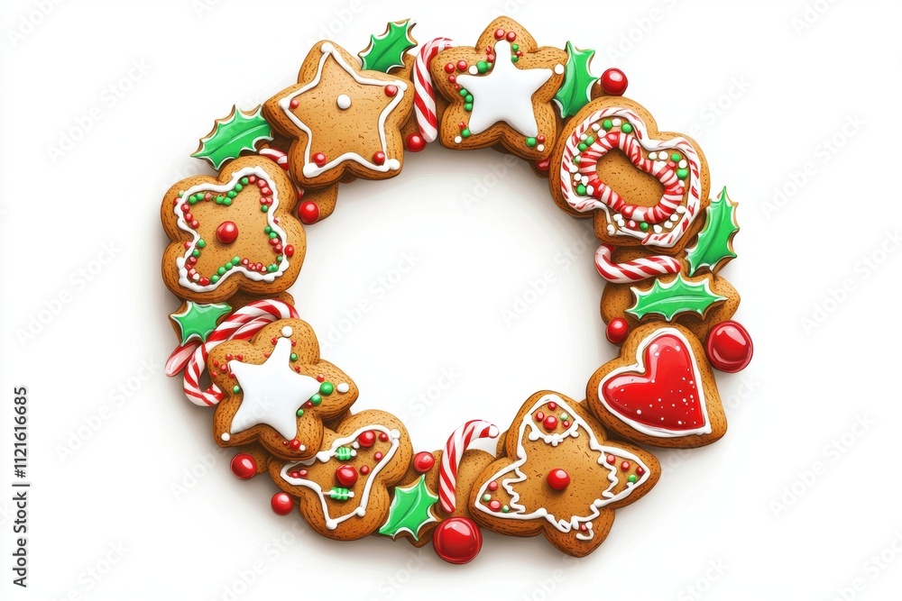 Ein festlicher Kranz aus verzierten Lebkuchen und Stechpalmen. Ein festlicher Kranz aus verzierten Lebkuchen und Stechpalmen.