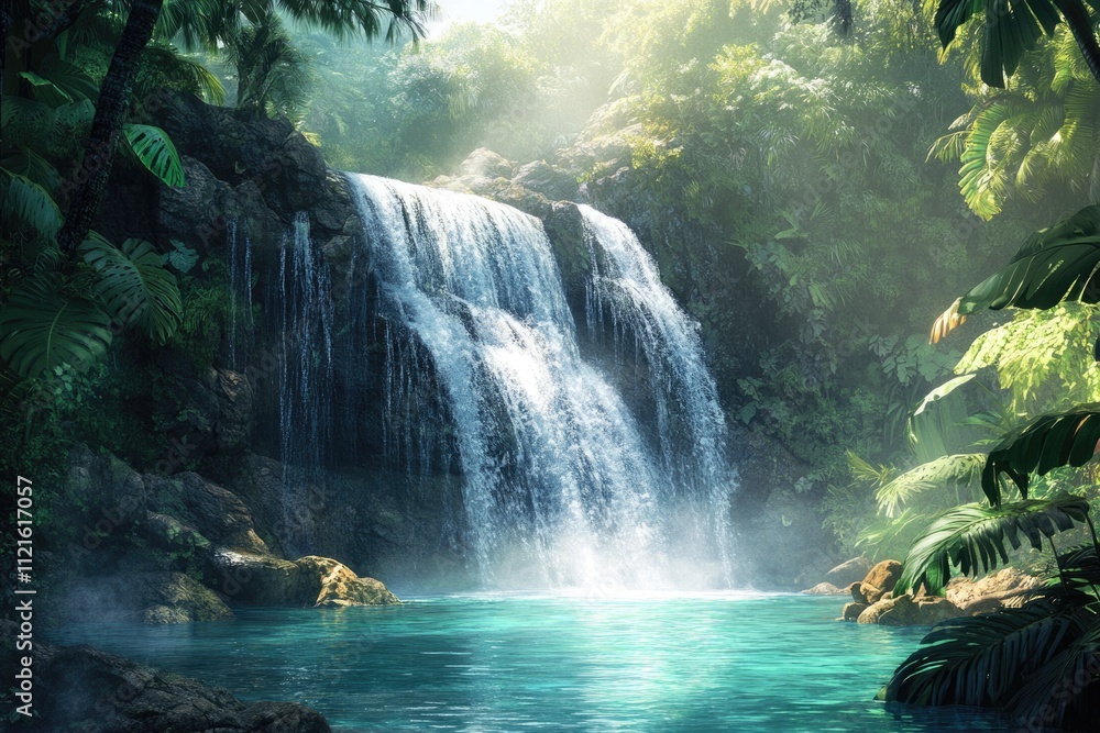 Serene waterfall cascading into a turquoise pool, surrounded by lush tropical rainforest. Serene waterfall cascading into a turquoise pool, surrounded by lush tropical rainforest.
