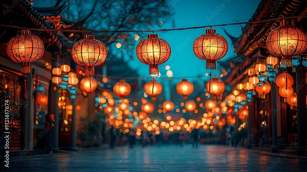 Obraz premium A large lantern display in a festival square, with families exchanging red envelopes in the crowd