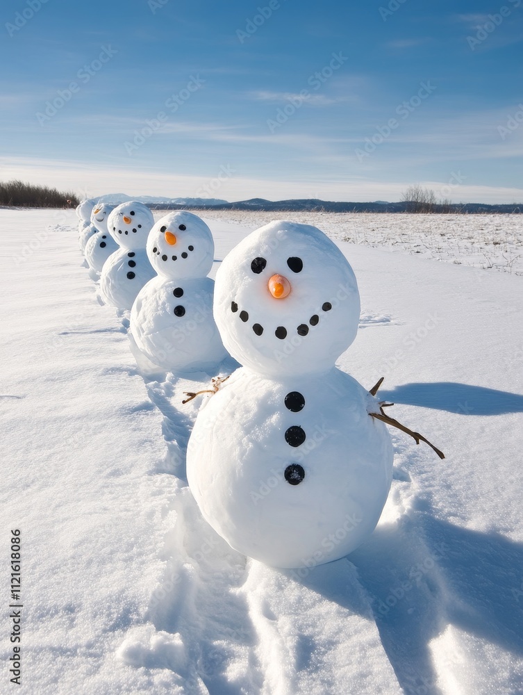 Cheerful Snowman Parade in Winter Landscape - A delightful scene showcasing a row of snowmen against a bright winter sky, embodying the spirit of the season. Cheerful Snowman Parade in Winter Landscape - A delightful scene showcasing a row of snowmen against a bright winter sky, embodying the spirit of the season.
