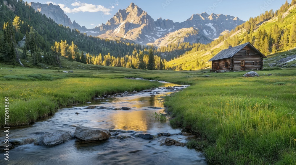 Serene Mountain Landscape with Stream and Rustic Cabin Serene Mountain Landscape with Stream and Rustic Cabin