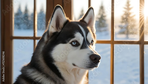 a husky dog is looking through window in a snowy day with sunray