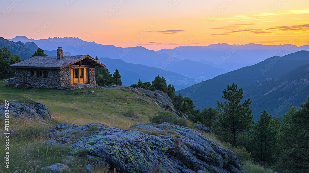 Serene Mountain Cabin at Sunset Overlooking Vast Landscape Serene Mountain Cabin at Sunset Overlooking Vast Landscape