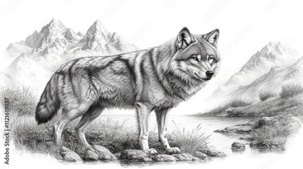 Fototapeta premium Majestic wolf standing by a serene mountain lake, depicted in a detailed pencil sketch.