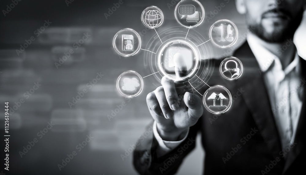 Obraz premium Businessman hand touching media screen icons 