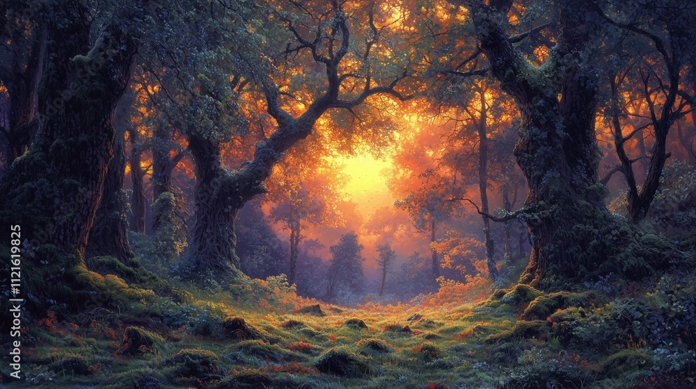Enchanting Forest Scene at Sunrise with Vibrant Light Enchanting Forest Scene at Sunrise with Vibrant Light