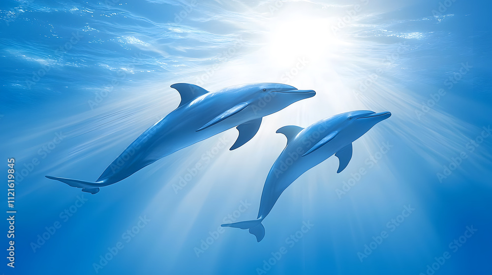 Fototapeta premium Two dolphins swimming in clear blue waters