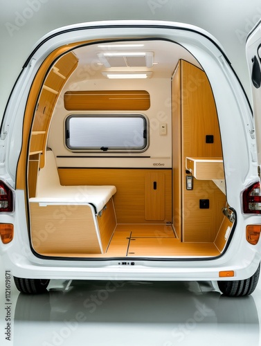 Compact Caravan with Functional Storage: Perfect for Adventure - Modern compact caravan, ideal for solo travel or couples. Features functional storage, comfortable seating, and efficient design. Embod photo