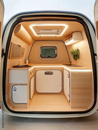 Compact Caravan with Functional Storage: Perfect for Adventure - Modern, minimalist caravan design featuring efficient storage, a small kitchen, and bright LED lighting. Ideal for solo travel or coupl photo