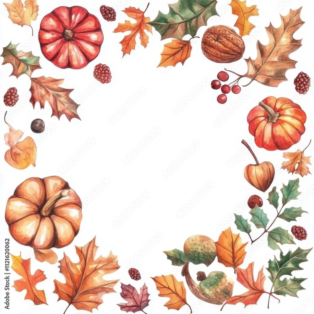 Fototapeta premium Autumn Watercolor Frame Pumpkins Leaves Berries Fall Harvest Thanksgiving Design