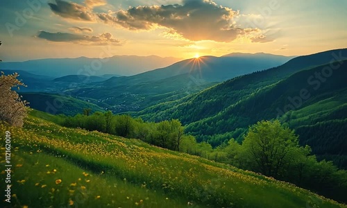 A serene landscape at sunset, featuring rolling hills, blooming flowers, and a tranquil atmosphere.