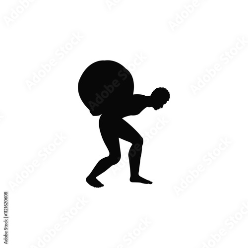 Silhouette of a man carries rock. A man with rock on white background. Concept of fatigue, effort, courage.