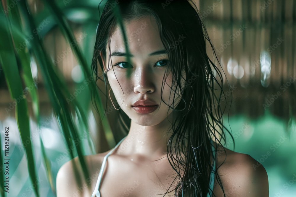 Close-up portrait of a woman with wet hair in a tropical setting, framed by lush green leaves Close-up portrait of a woman with wet hair in a tropical setting, framed by lush green leaves