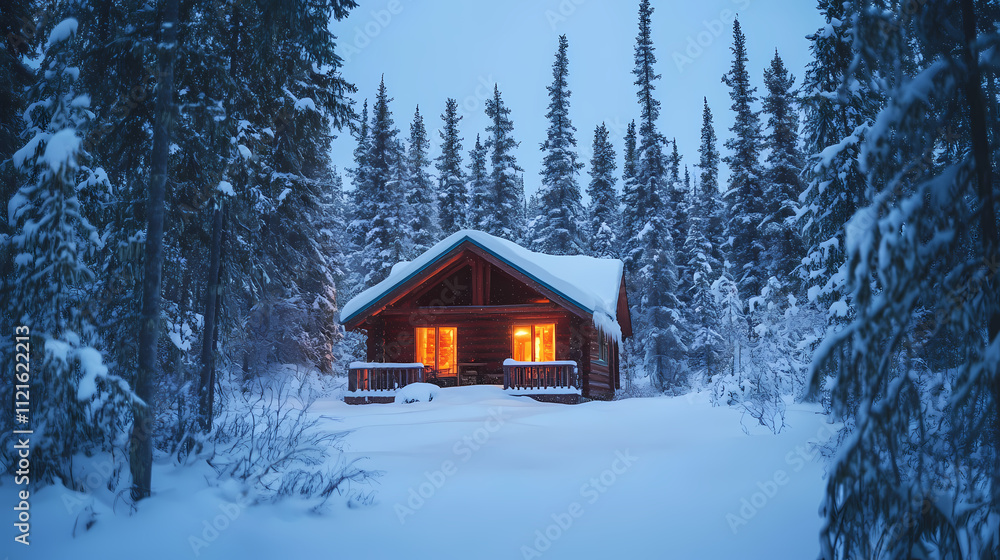 Snow covered cabin deep in a boreal forest firelight glowing through the windows secluded winter refuge copy space. Boreal. Illustration Snow covered cabin deep in a boreal forest firelight glowing through the windows secluded winter refuge copy space. Boreal. Illustration