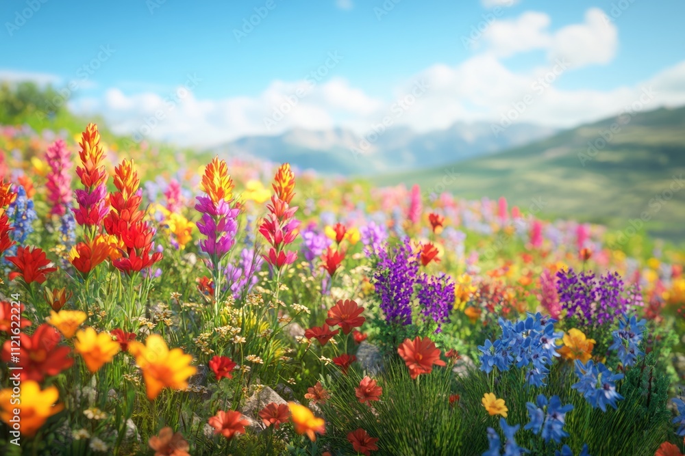 Vibrant wildflowers bloom in a sunny mountain meadow, creating a picturesque landscape. Vibrant wildflowers bloom in a sunny mountain meadow, creating a picturesque landscape.